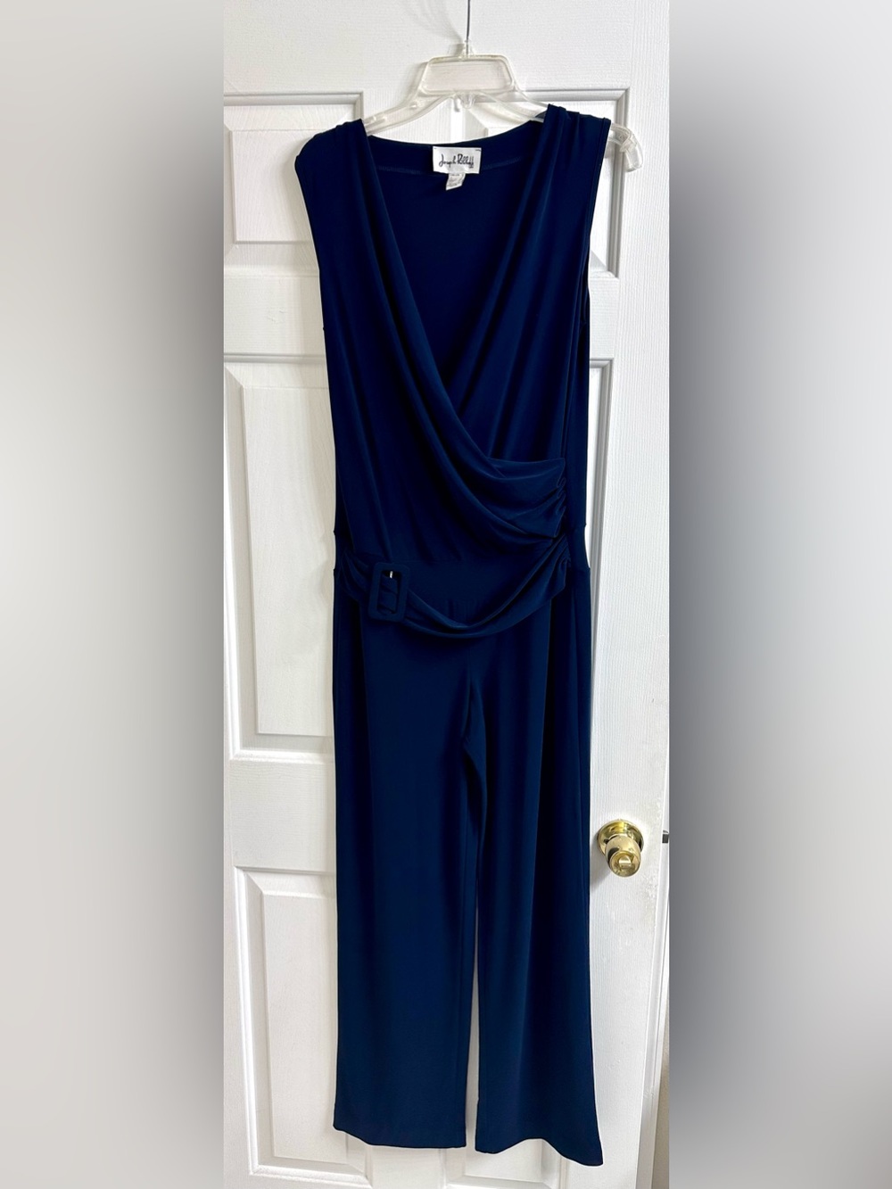 Joseph Ribkoff Navy Blue Wide-Leg Jumpsuit Size 12 | Elegant Belted V-Neck